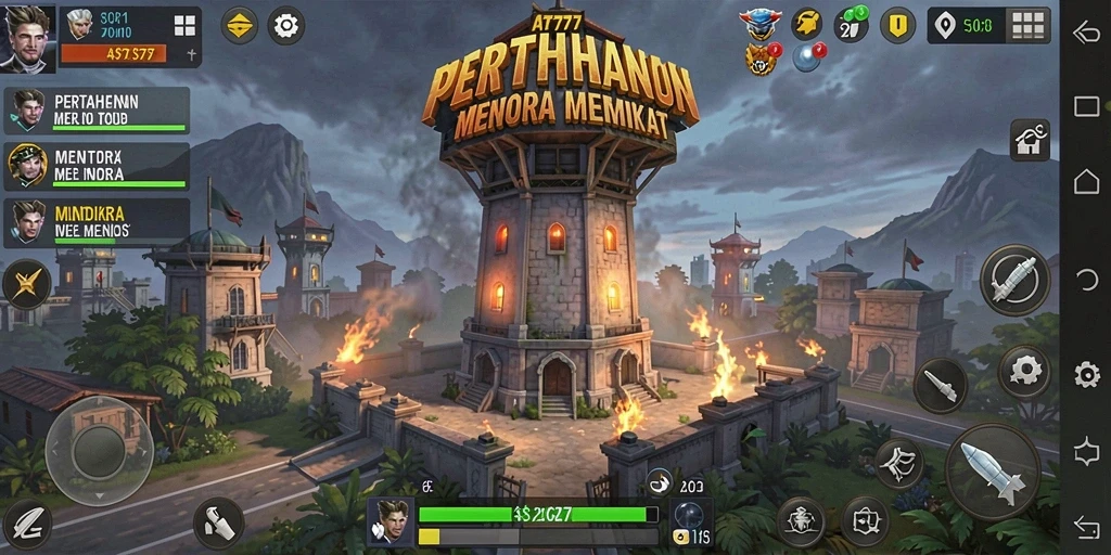 Tampilan gameplay menegangkan di AT777 dengan menara pertahanan yang strategis.