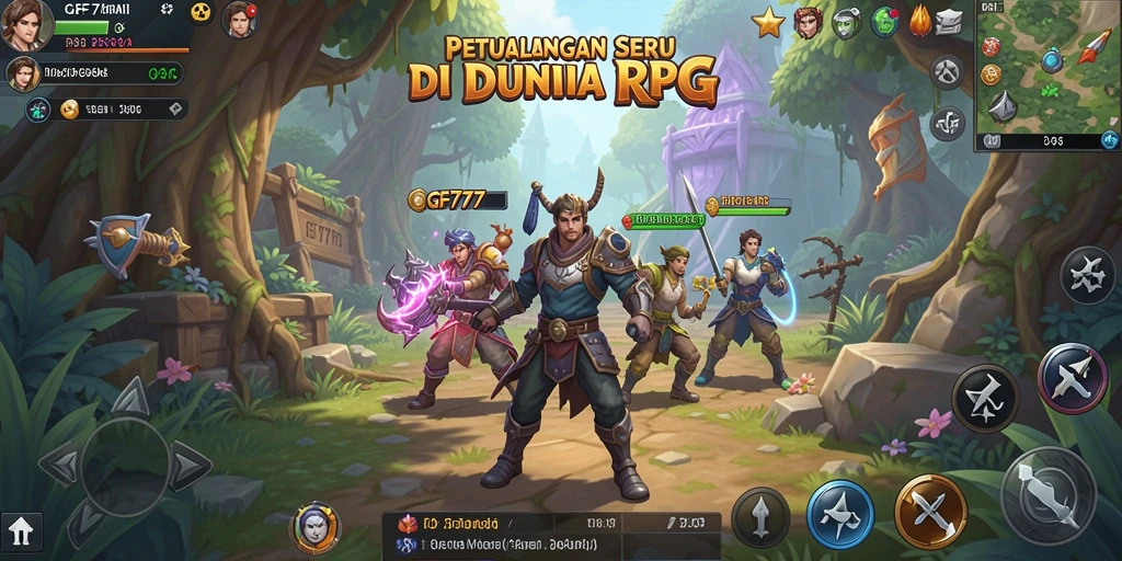 Screenshot utama GF777 menampilkan aksi pertarungan RPG yang intens dan mendebarkan.
