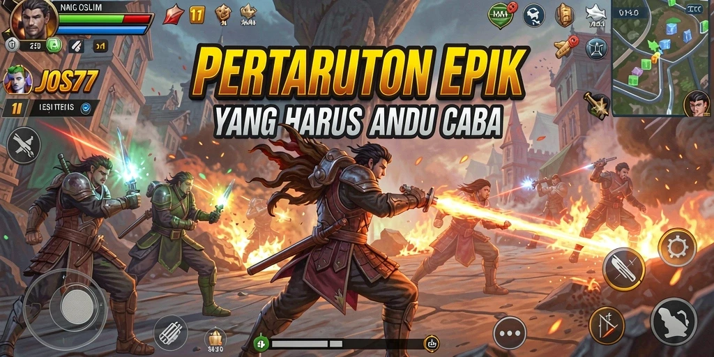 Screenshot utama JOS77 menampilkan aksi pertarungan yang intens.