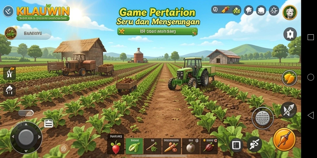 Screenshot gameplay KILAUWIN menampilkan kebun yang indah dan hewan ternak.