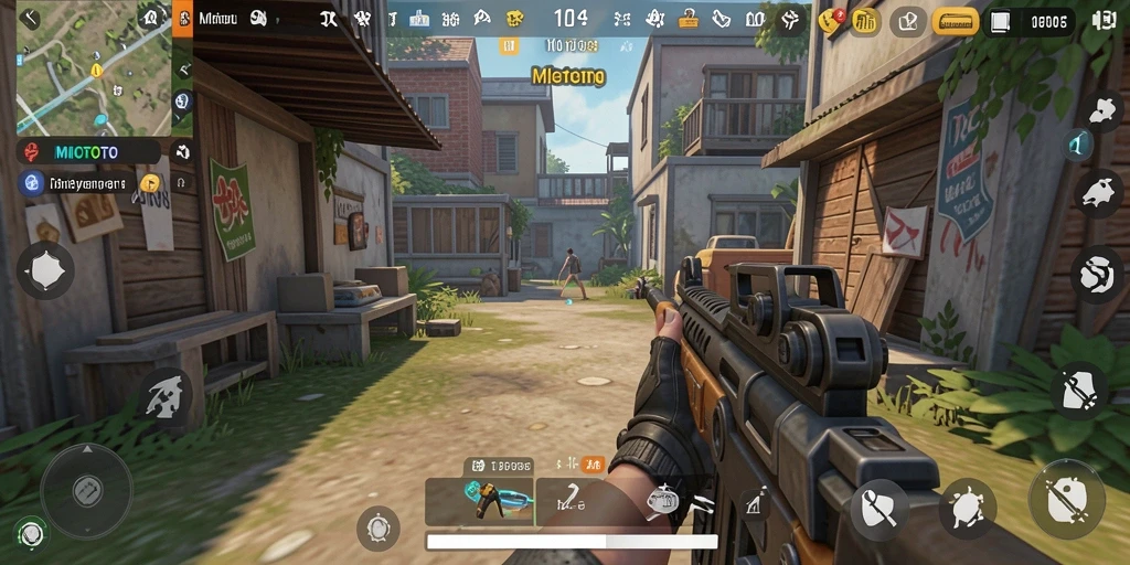 Tangkapan layar gameplay MIOTOTO yang menampilkan aksi tembak-menembak yang mendebarkan.