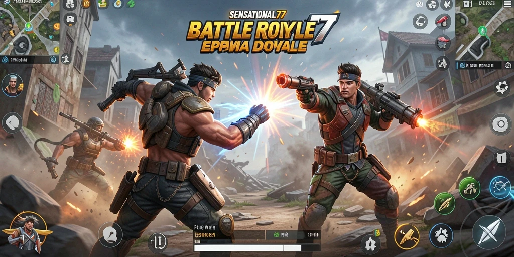 Tangkapan layar pertarungan intens dalam game SENSATIONAL77, menunjukkan aksi Battle Royale.